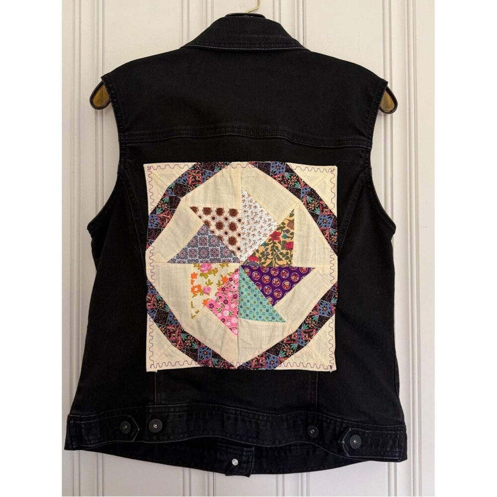 Black Denim Vest with Colorful Quilt Patch